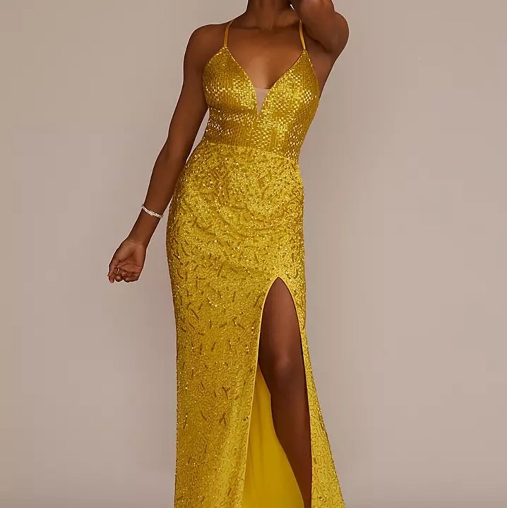 David's Bridal Gold Sequin Spaghetti-Strap Prom Gown